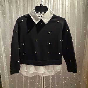 btween Black Sweater with White Collar and Pearl Details